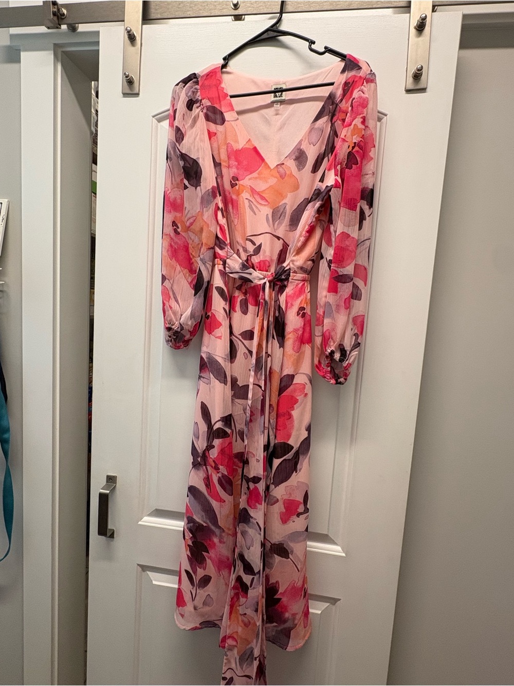 Anne Klein Pink Floral V-Neck Maxi Dress with Tie Waist